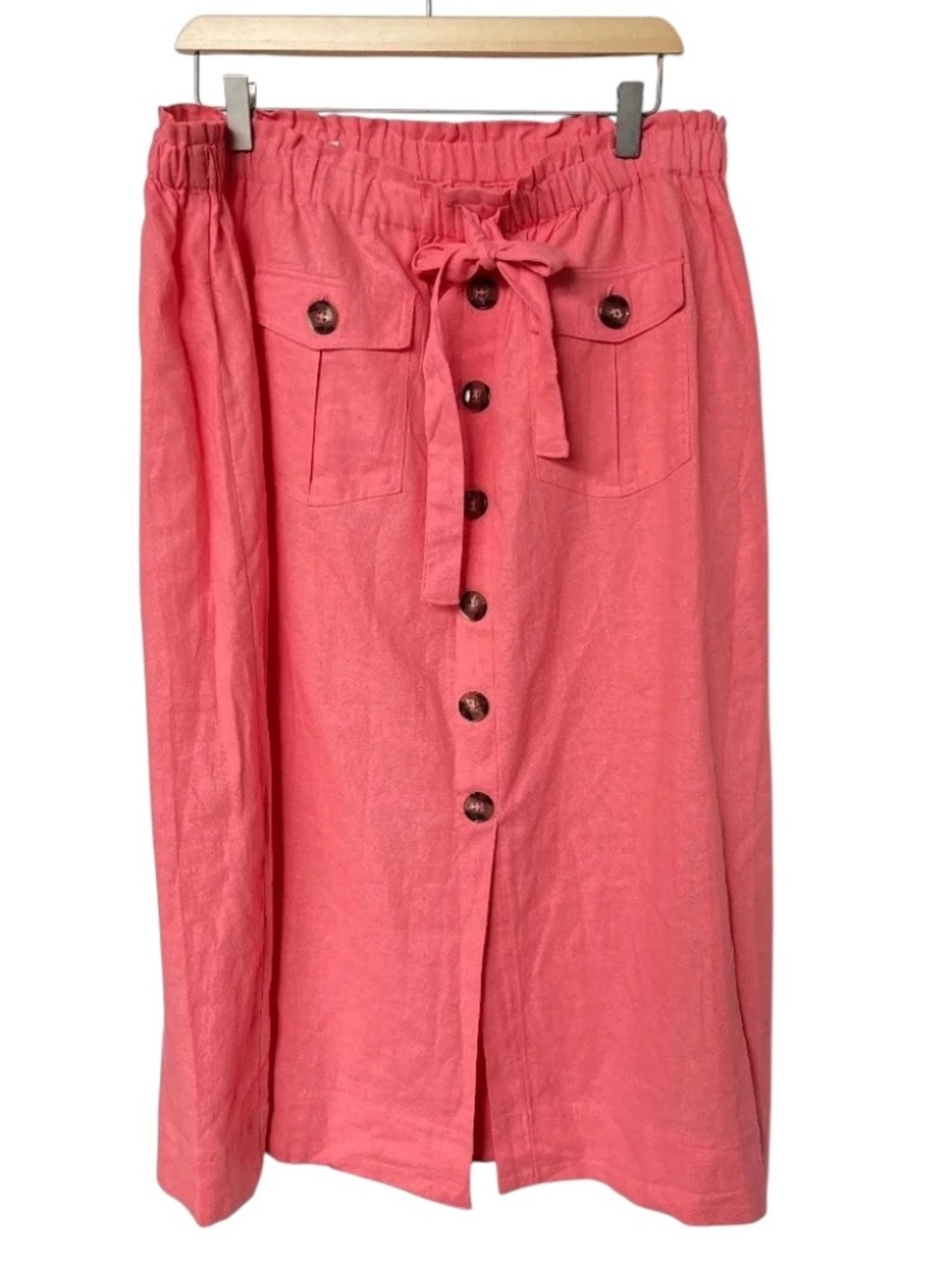 Nanette Lepore Skirt Button Up Linen Blend Orange Elastic Waist Size Large